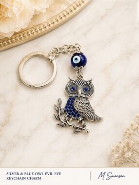 NEW Silver & Blue Owl Evil Eye Keychain Charm NWT